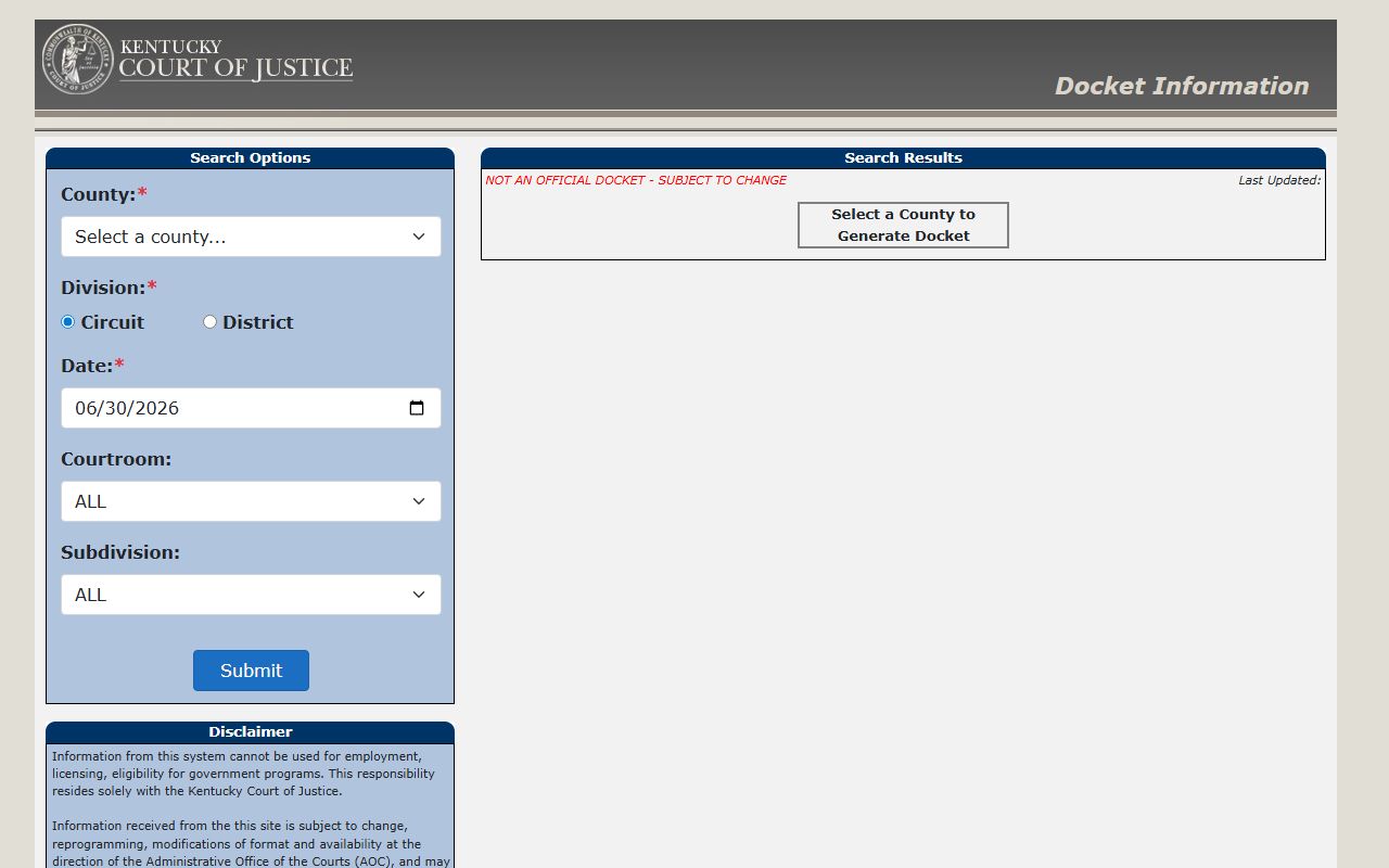 Grant County court dockets Kentucky docket search portal