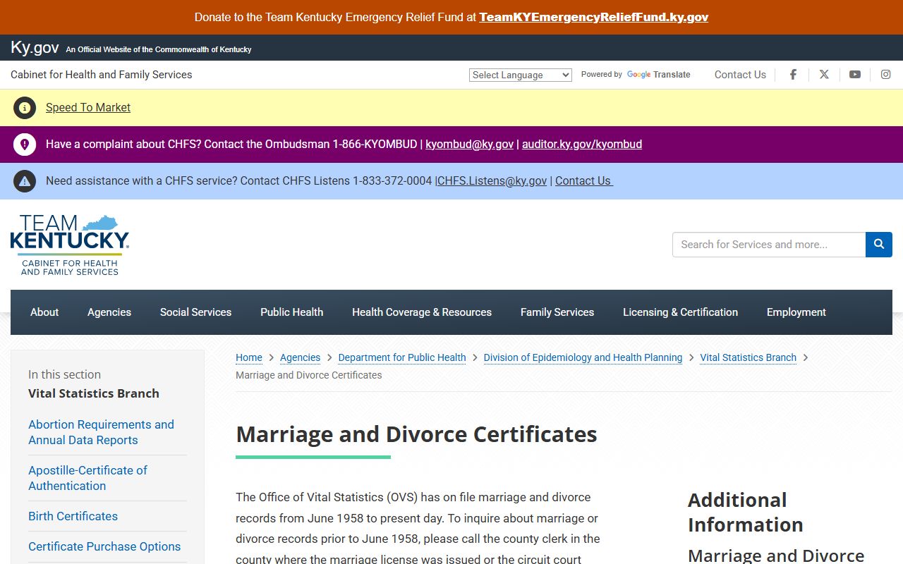 Grant County marriage divorce records Kentucky vital certificates page