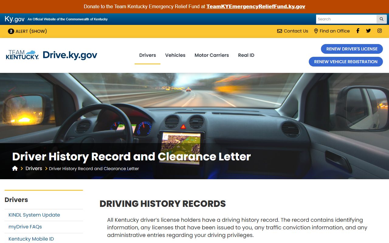 Grant County traffic court records Kentucky driver history page